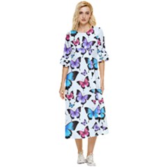 Decorative-festive-trendy-colorful-butterflies-seamless-pattern-vector-illustration Double Cuff Midi Dress by Wegoenart