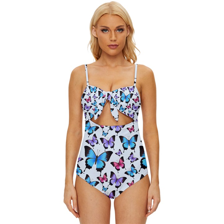 Decorative-festive-trendy-colorful-butterflies-seamless-pattern-vector-illustration Knot Front One-Piece Swimsuit