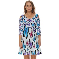 Decorative-festive-trendy-colorful-butterflies-seamless-pattern-vector-illustration Shoulder Cut Out Zip Up Dress