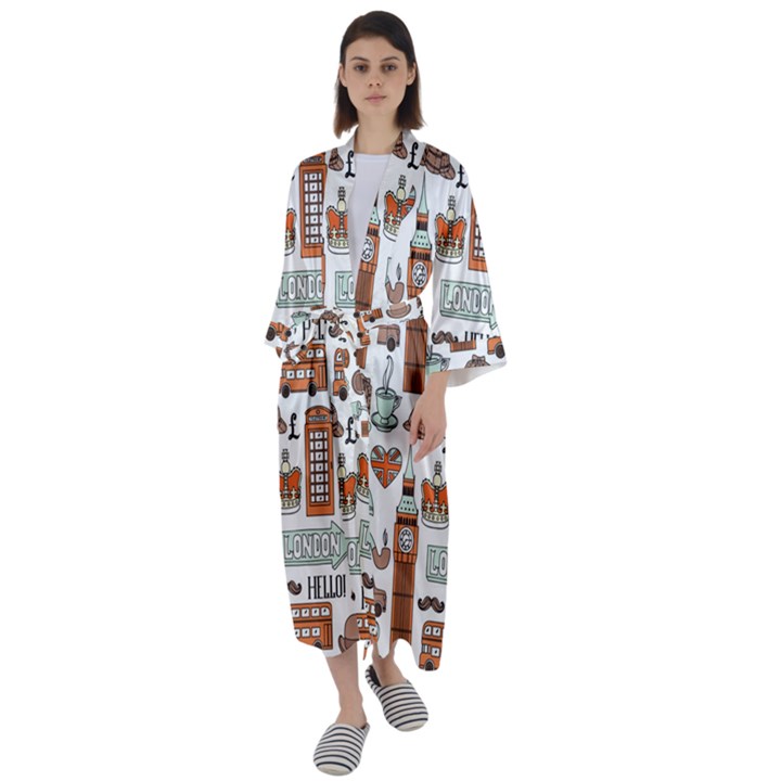 Seamless-pattern-with-london-elements-landmarks Maxi Satin Kimono