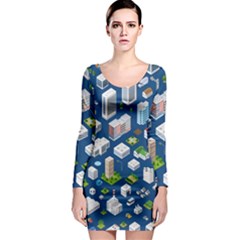 Isometric-seamless-pattern-megapolis Long Sleeve Bodycon Dress by Wegoenart