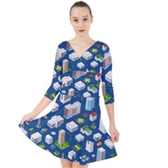 Isometric-seamless-pattern-megapolis Quarter Sleeve Front Wrap Dress by Wegoenart