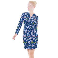 Isometric-seamless-pattern-megapolis Button Long Sleeve Dress by Wegoenart