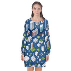 Isometric-seamless-pattern-megapolis Long Sleeve Chiffon Shift Dress  by Wegoenart