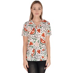 Seamless-vector-pattern-with-watermelons-mint Women s V-neck Scrub Top by Wegoenart