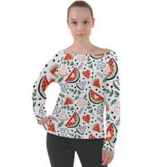 Seamless-vector-pattern-with-watermelons-mint Off Shoulder Long Sleeve Velour Top by Wegoenart