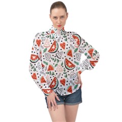 Seamless-vector-pattern-with-watermelons-mint High Neck Long Sleeve Chiffon Top by Wegoenart