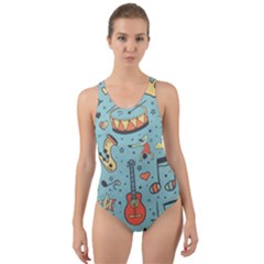 Seamless-pattern-musical-instruments-notes-headphones-player Cut-out Back One Piece Swimsuit by Wegoenart