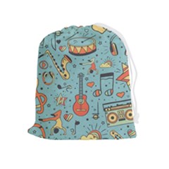 Seamless-pattern-musical-instruments-notes-headphones-player Drawstring Pouch (xl) by Wegoenart