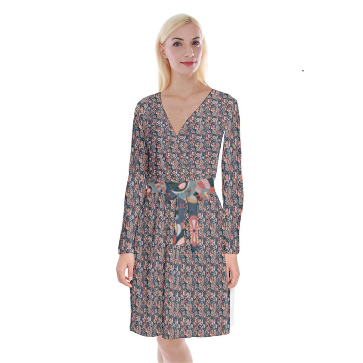 Paisley Pattern Long Sleeve Velvet Front Wrap Dress