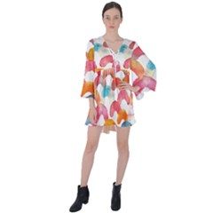 Rainbow Pattern V-neck Flare Sleeve Mini Dress by designsbymallika