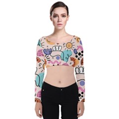 Abstract Doodle Pattern Velvet Long Sleeve Crop Top by designsbymallika