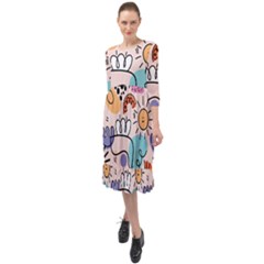 Abstract Doodle Pattern Ruffle End Midi Chiffon Dress by designsbymallika