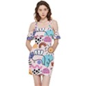 Abstract Doodle Pattern Shoulder Frill Bodycon Summer Dress View3