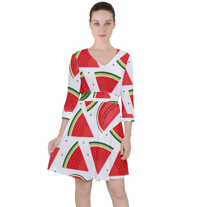 Watermelon Cuties White Quarter Sleeve Ruffle Waist Dress