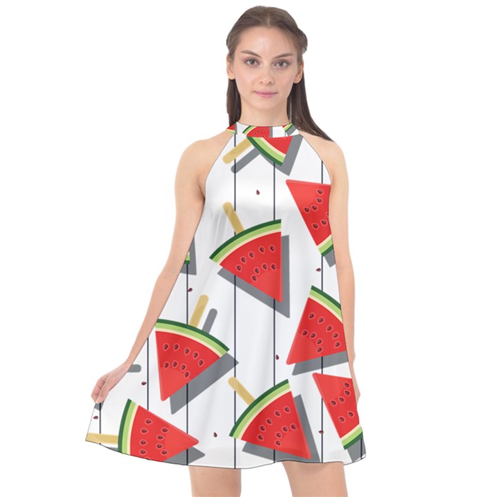 Watermelon Popsicle   Halter Neckline Chiffon Dress 