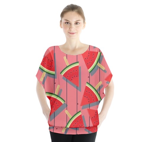 Red Watermelon Popsicle Batwing Chiffon Blouse by ConteMonfrey