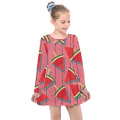 Red Watermelon Popsicle Kids  Long Sleeve Dress by ConteMonfrey