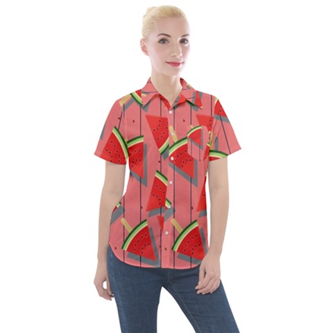 Red Watermelon Popsicle Women s Short Sleeve Pocket Shirt by ConteMonfrey