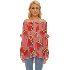 Red Watermelon Popsicle Off Shoulder Chiffon Pocket Shirt by ConteMonfrey