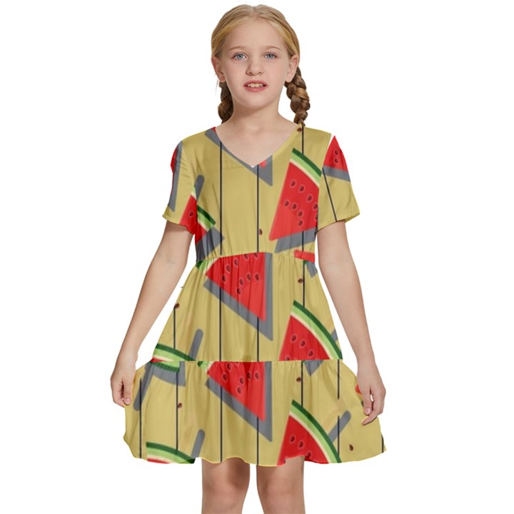 Pastel Watermelon Popsicle Kids  Short Sleeve Tiered Mini Dress