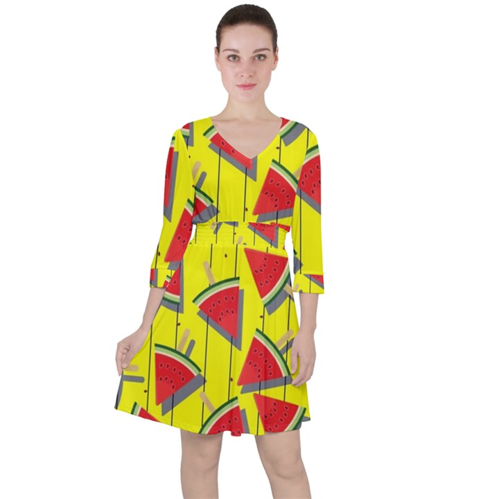 Yellow Watermelon Popsicle  Quarter Sleeve Ruffle Waist Dress