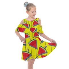 Yellow Watermelon Popsicle  Kids  Shoulder Cutout Chiffon Dress by ConteMonfrey