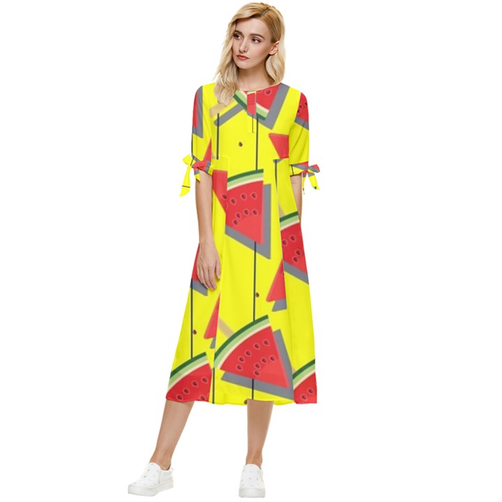 Yellow Watermelon Popsicle  Bow Sleeve Chiffon Midi Dress