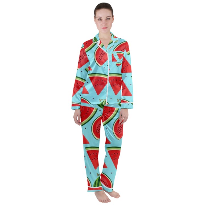 Blue Watermelon Satin Long Sleeve Pajamas Set