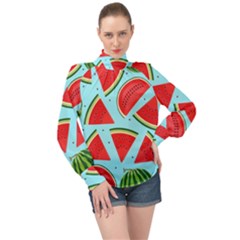 Blue Watermelon High Neck Long Sleeve Chiffon Top by ConteMonfrey