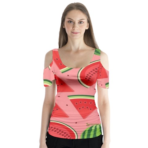 Red Watermelon  Butterfly Sleeve Cutout Tee  by ConteMonfrey