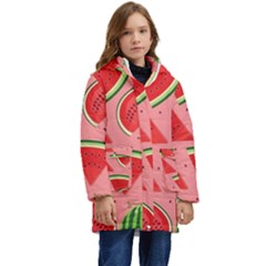 Red Watermelon  Kid s Hooded Longline Puffer Jacket by ConteMonfrey