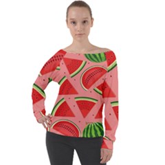 Red Watermelon  Off Shoulder Long Sleeve Velour Top by ConteMonfrey