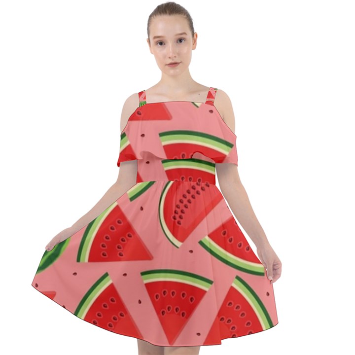 Red Watermelon  Cut Out Shoulders Chiffon Dress