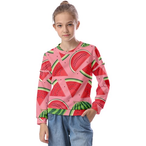 Red Watermelon  Kids  Long Sleeve Tee With Frill  by ConteMonfrey