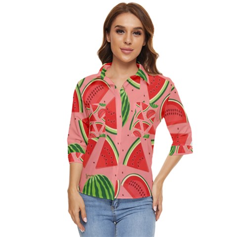 Red Watermelon  Women s Quarter Sleeve Pocket Shirt by ConteMonfrey