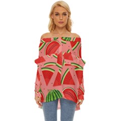 Red Watermelon  Off Shoulder Chiffon Pocket Shirt by ConteMonfrey