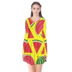 Yellow Watermelon   Long Sleeve V-neck Flare Dress by ConteMonfrey