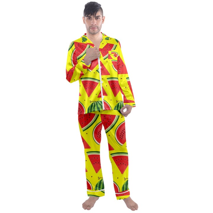 Yellow Watermelon   Men s Long Sleeve Satin Pajamas Set