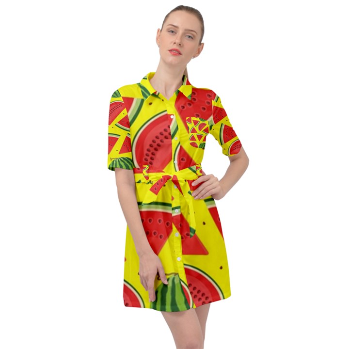 Yellow Watermelon   Belted Shirt Dress