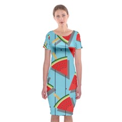 Blue Watermelon Popsicle  Classic Short Sleeve Midi Dress