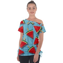 Blue Watermelon Popsicle  Off Shoulder Tie-Up Tee