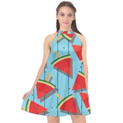 Blue Watermelon Popsicle  Halter Neckline Chiffon Dress 