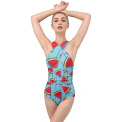 Blue Watermelon Popsicle  Cross Front Low Back Swimsuit