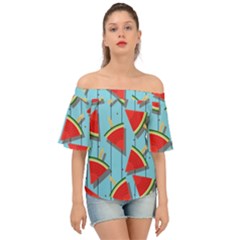 Blue Watermelon Popsicle  Off Shoulder Short Sleeve Top