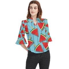 Blue Watermelon Popsicle  Loose Horn Sleeve Chiffon Blouse