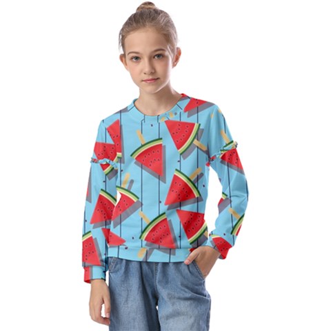 Blue Watermelon Popsicle  Kids  Long Sleeve Tee With Frill  by ConteMonfrey