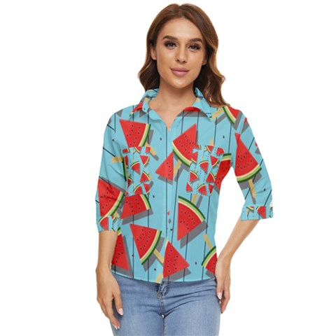 Blue Watermelon Popsicle  Women s Quarter Sleeve Pocket Shirt by ConteMonfrey