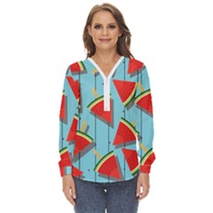 Blue Watermelon Popsicle  Zip Up Long Sleeve Blouse