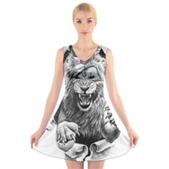 Drawing Angry Male Lion Roar Animal V-neck Sleeveless Dress by danenraven